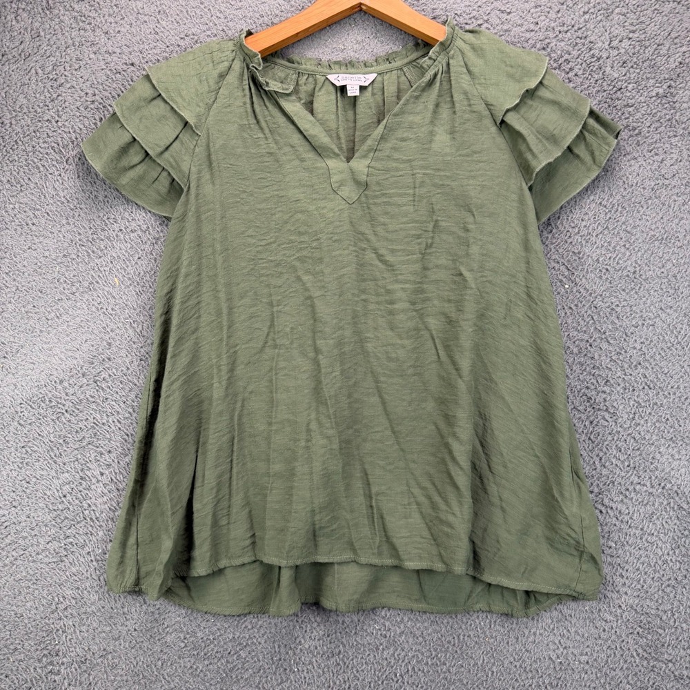 Nanette Lepore Womens Olive Green‎ Ruffle Sleeve V-Neck Blouse Top Size M